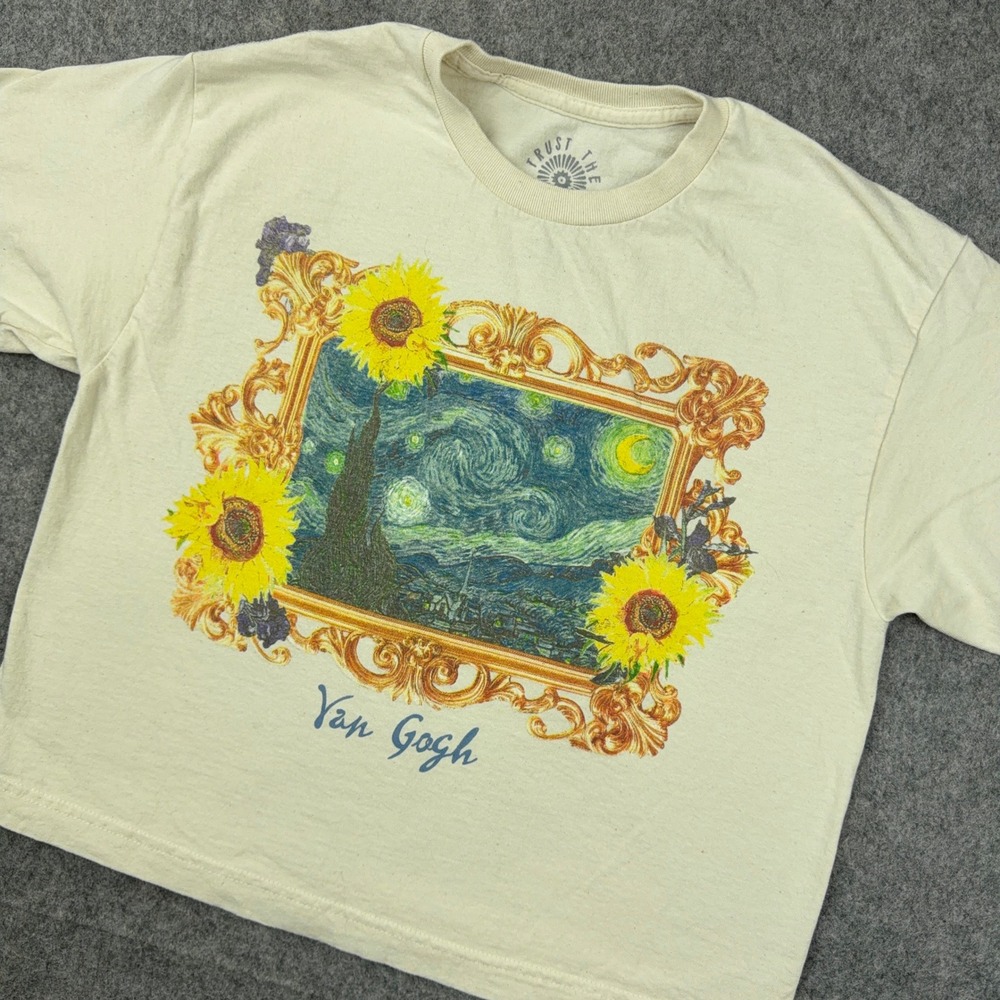 Van Gogh Starry Night Shirt Womens M Cream Sunflower Art Crop Top Tee Boxy Retro